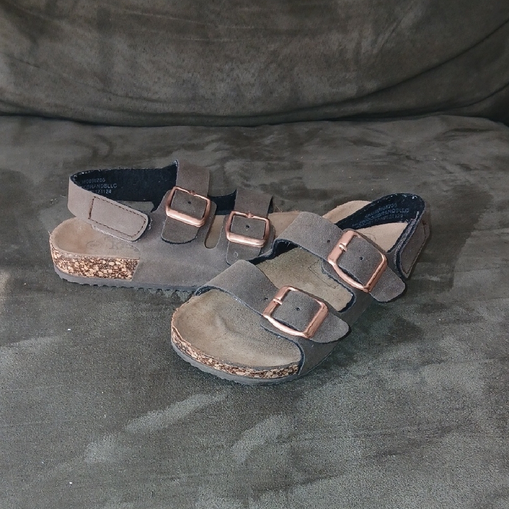 KIDS Taupe Suede Triple-Strap Sandals with Buckled